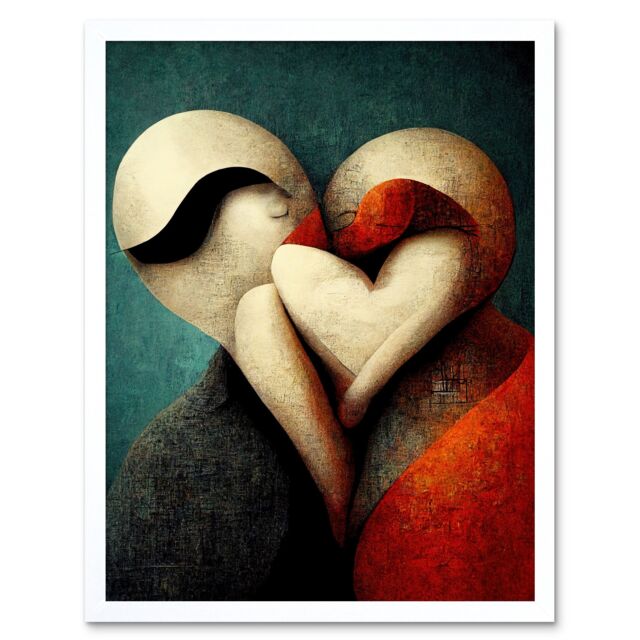 "Artery8 Wall Art Print Abstract True Love Modern Teal Coral Black Art Framed in White - Size: W12"" x H16""" - image 1