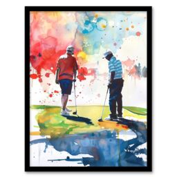 "Artery8 Two Friends Golfing Putting Watercolour in Sun Framed Art Print - Size: W12"" x H16""" - thumbnail 1