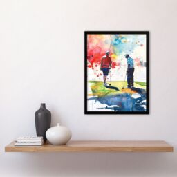 "Artery8 Two Friends Golfing Putting Watercolour in Sun Framed Art Print - Size: W12"" x H16""" - thumbnail 4