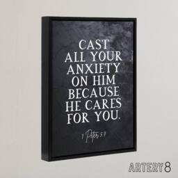 "Artery8 Peter 5 7 Cast Anxiety On Him Bible Quote Framed Canvas Wall Art Print in Grey - Size: W12"" x H16""" - thumbnail 2