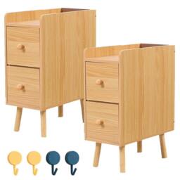 FORGEVIO Slim Wood Bedside Table, Narrow Nightstand with Drawers in Brown - thumbnail 3