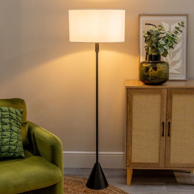 ValueLights Mitch Natural Linen Trim Lamp Shade Black Wood Triangle Floor Lamp in White - image 1