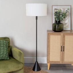 ValueLights Mitch Natural Linen Trim Lamp Shade Black Wood Triangle Floor Lamp in White - thumbnail 3
