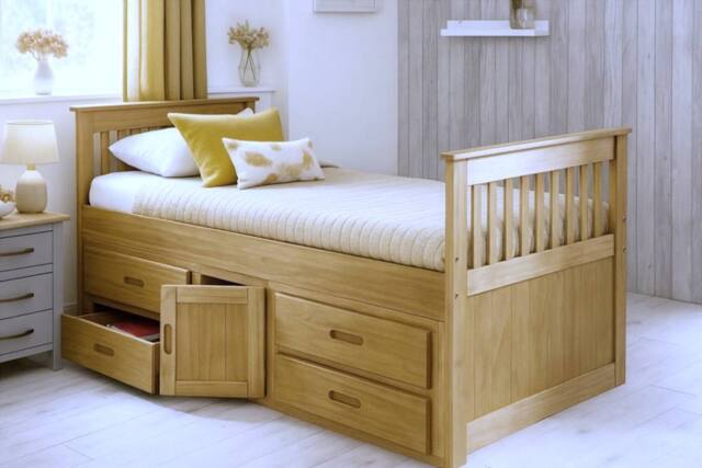 Captains Wooden Storage Bed with 4 Drawers & Cupboard - Waxed & White in Brown - Size: Single - image 1