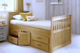 Captains Wooden Storage Bed with 4 Drawers & Cupboard - Waxed & White in Brown - Size: Single - thumbnail 1