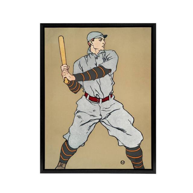 "Artery8 Vintage Baseball Player Drawing Framed Canvas Wall Art Print E Penfield in Beige - Size: W12"" x H16""" - image 1