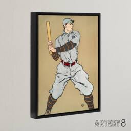 "Artery8 Vintage Baseball Player Drawing Framed Canvas Wall Art Print E Penfield in Beige - Size: W12"" x H16""" - thumbnail 2