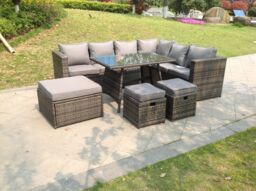 Fimous 9 Seater Grey Rattan Corner Sofa Set Dining Table with 2 Small Footstool Garden Furniture Outdoor in Dark Grey - thumbnail 2