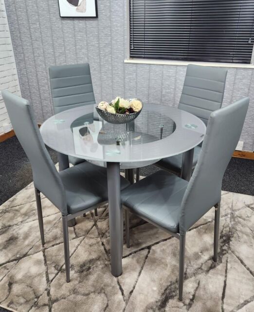 KOSY KOALA Round Glass Grey Kitchen Dining Table With Storage Shelf & 4 Grey Metal Chairs Set - image 1