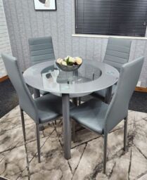 KOSY KOALA Round Glass Grey Kitchen Dining Table With Storage Shelf & 4 Grey Metal Chairs Set