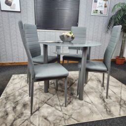 KOSY KOALA Round Glass Grey Kitchen Dining Table With Storage Shelf & 4 Grey Metal Chairs Set - thumbnail 5