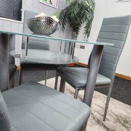 KOSY KOALA Round Glass Grey Kitchen Dining Table With Storage Shelf & 4 Grey Metal Chairs Set - thumbnail 3