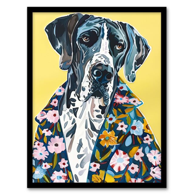 "Artery8 Dog Lover Great Dane in Floral Hawaiian Shirt Framed Wall Art in Yellow - Size: W12"" x H16""" - image 1
