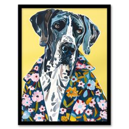 "Artery8 Dog Lover Great Dane in Floral Hawaiian Shirt Framed Wall Art in Yellow - Size: W12"" x H16""" - thumbnail 1