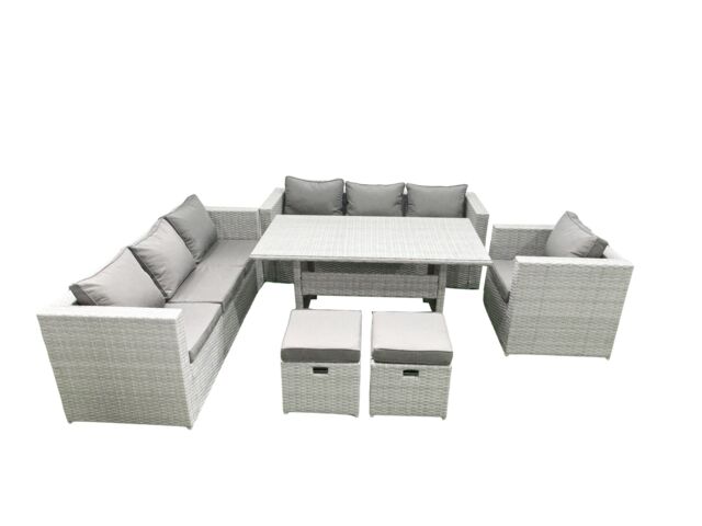 Fimous 6 Pieces Outdoor Rattan Sofa Set with Cushions Patio Garden Furniture Sets with Armchair Dining Table 2 Small Footstools in Light Grey - image 1