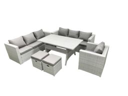 Fimous 6 Pieces Outdoor Rattan Sofa Set with Cushions Patio Garden Furniture Sets with Armchair Dining Table 2 Small Footstools in Light Grey - thumbnail 2