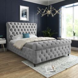 KDMD Nestling Sleigh Upholstered Soft Velvet Designer Bed Frame in Grey - Size: Single - thumbnail 2