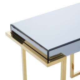 Orsina Decent End Table With Grey Mirrored Top, Metal Side Table With C-Shaped Base, Luxe Gold Finish Small Table - thumbnail 4