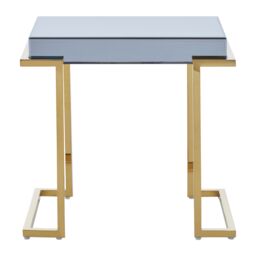 Orsina Decent End Table With Grey Mirrored Top, Metal Side Table With C-Shaped Base, Luxe Gold Finish Small Table - thumbnail 2