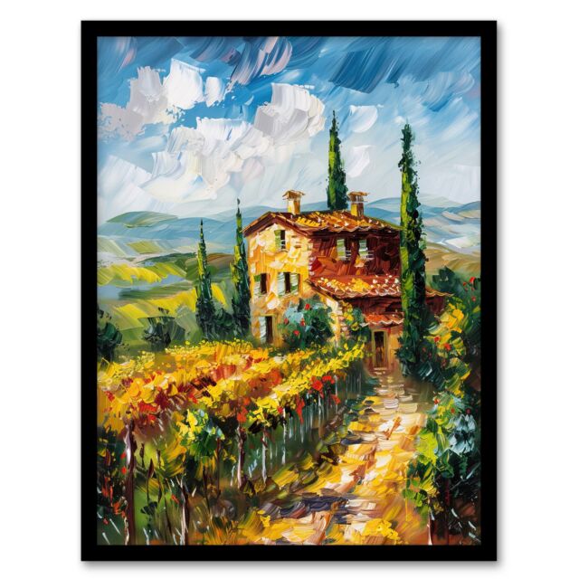 Artery8 Summer Tuscan Farmhouse Oil Painting Colourful Framed Art Print in Green - Size: A4 - image 1