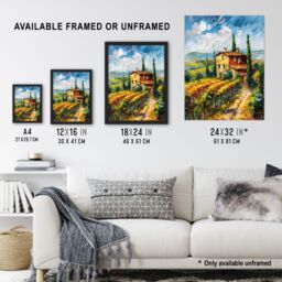 Artery8 Summer Tuscan Farmhouse Oil Painting Colourful Framed Art Print in Green - Size: A4 - thumbnail 3
