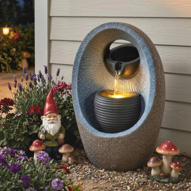 OUTSUNNY Water Feature with 2-Tier Bowls, Pump & LED Lights in Grey - image 1