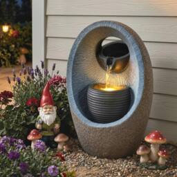 OUTSUNNY Water Feature with 2-Tier Bowls, Pump & LED Lights in Grey