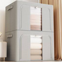 VOGREX 2x 66L Thick Fabric Folding Storage Steel Frame Wardrobe Organiser in Grey - thumbnail 4