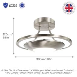 Happy Homewares Semi Flush Energy Saving LED Ceiling Light in Brushed Metal Finish in Metallic Silver - thumbnail 2
