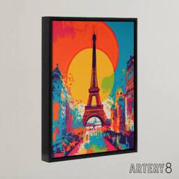 "Artery8 Eiffel Tower Paris Sunset Vibrant Pop Art Framed Canvas Wall Art Print - Size: W12"" x H16""" - thumbnail 2