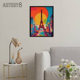 "Artery8 Eiffel Tower Paris Sunset Vibrant Pop Art Framed Canvas Wall Art Print - Size: W12"" x H16""" - thumbnail 3