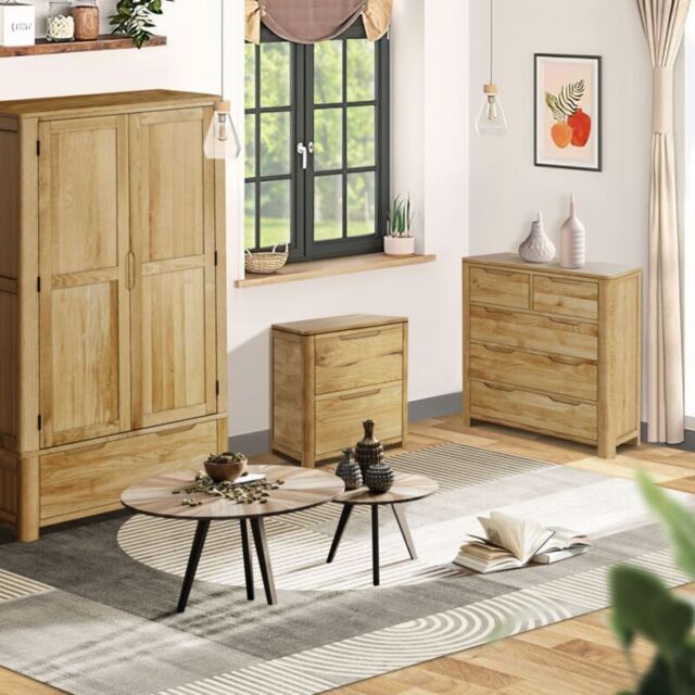 Oak Effect Bedroom Furniture Trio Set 2 Door Wardrobe Bedside Table Drawers