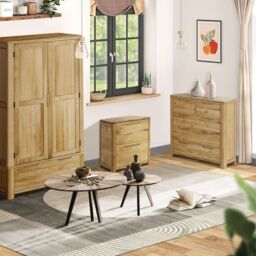 Oak Effect Bedroom Furniture Trio Set 2 Door Wardrobe Bedside Table Drawers - thumbnail 1
