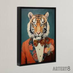 "Artery8 Tiger In A Tuxedo Animal Portrait Framed Canvas Wall Art Print in Blue - Size: W18"" x H24""" - thumbnail 2