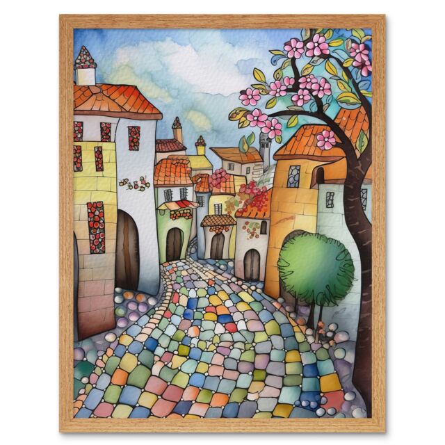 "Artery8 Wall Art Print Village Cobbled Street Cherry Blossom Folk Art Framed in Light Oak - Size: W12"" x H16""" - image 1