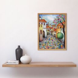 "Artery8 Wall Art Print Village Cobbled Street Cherry Blossom Folk Art Framed in Light Oak - Size: W12"" x H16""" - thumbnail 2