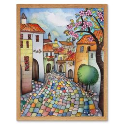 "Artery8 Wall Art Print Village Cobbled Street Cherry Blossom Folk Art Framed in Light Oak - Size: W12"" x H16""" - thumbnail 1
