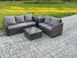 Fimous PE Rattan Garden Furniture Sets 5 Seater Outdoor Lounge Sofa Set Square Coffee Table Side Table in Dark Grey - thumbnail 2