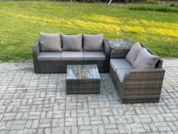 Fimous PE Rattan Garden Furniture Sets 5 Seater Outdoor Lounge Sofa Set Square Coffee Table Side Table in Dark Grey - thumbnail 1