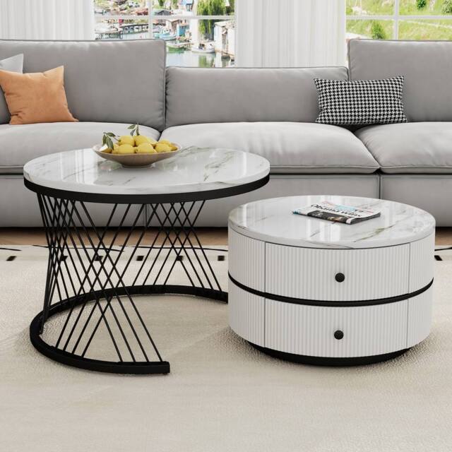 Matteo White & Gold High Gloss Round Nesting Coffee Table with Drawers - image 1