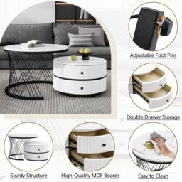 Matteo White & Gold High Gloss Round Nesting Coffee Table with Drawers - thumbnail 4