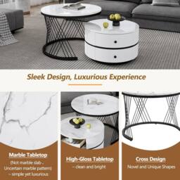 Matteo White & Gold High Gloss Round Nesting Coffee Table with Drawers - thumbnail 9