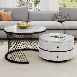 Matteo White & Gold High Gloss Round Nesting Coffee Table with Drawers