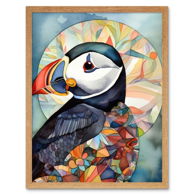 "Artery8 Wall Art Print Puffin Bird Portrait Folk Art Framed in Light Oak - Size: W12"" x H16""" - image 1