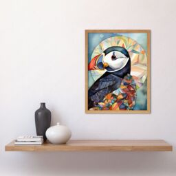 "Artery8 Wall Art Print Puffin Bird Portrait Folk Art Framed in Light Oak - Size: W12"" x H16""" - thumbnail 2
