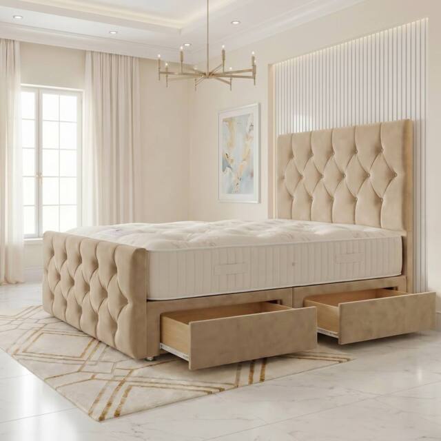 "Somnior Ziggy Velvet Divan Bed Mattress 2 Draw 54"" Headboard 22"" Footboard in Beige - Size: King" - image 1
