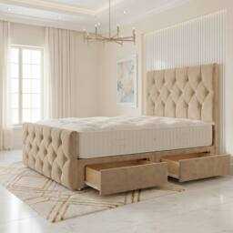 "Somnior Ziggy Velvet Divan Bed Mattress 2 Draw 54"" Headboard 22"" Footboard in Beige - Size: King" - thumbnail 1