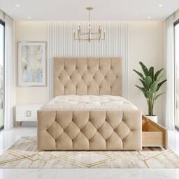 "Somnior Ziggy Velvet Divan Bed Mattress 2 Draw 54"" Headboard 22"" Footboard in Beige - Size: King" - thumbnail 2