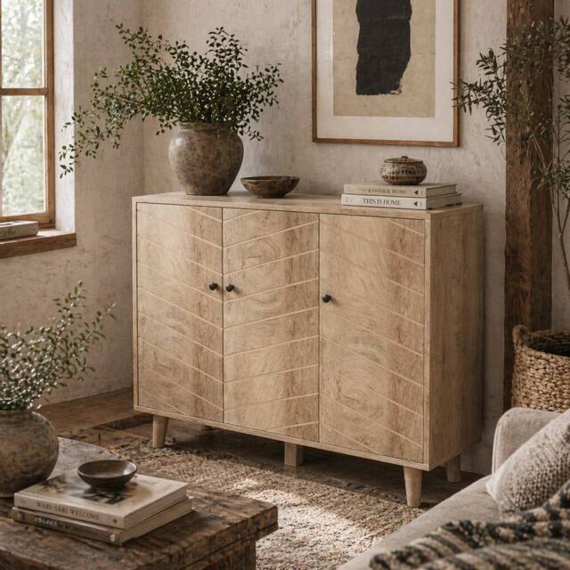 Wyld Haus Lurodo Natural Wood Effect Sideboard with Chevron Doors 3 Door - image 1