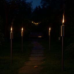 Harbour Housewares 12x Outdoor Flame Torches - Cylinder Metal Garden Fire Torch Lighting in Silver - thumbnail 2